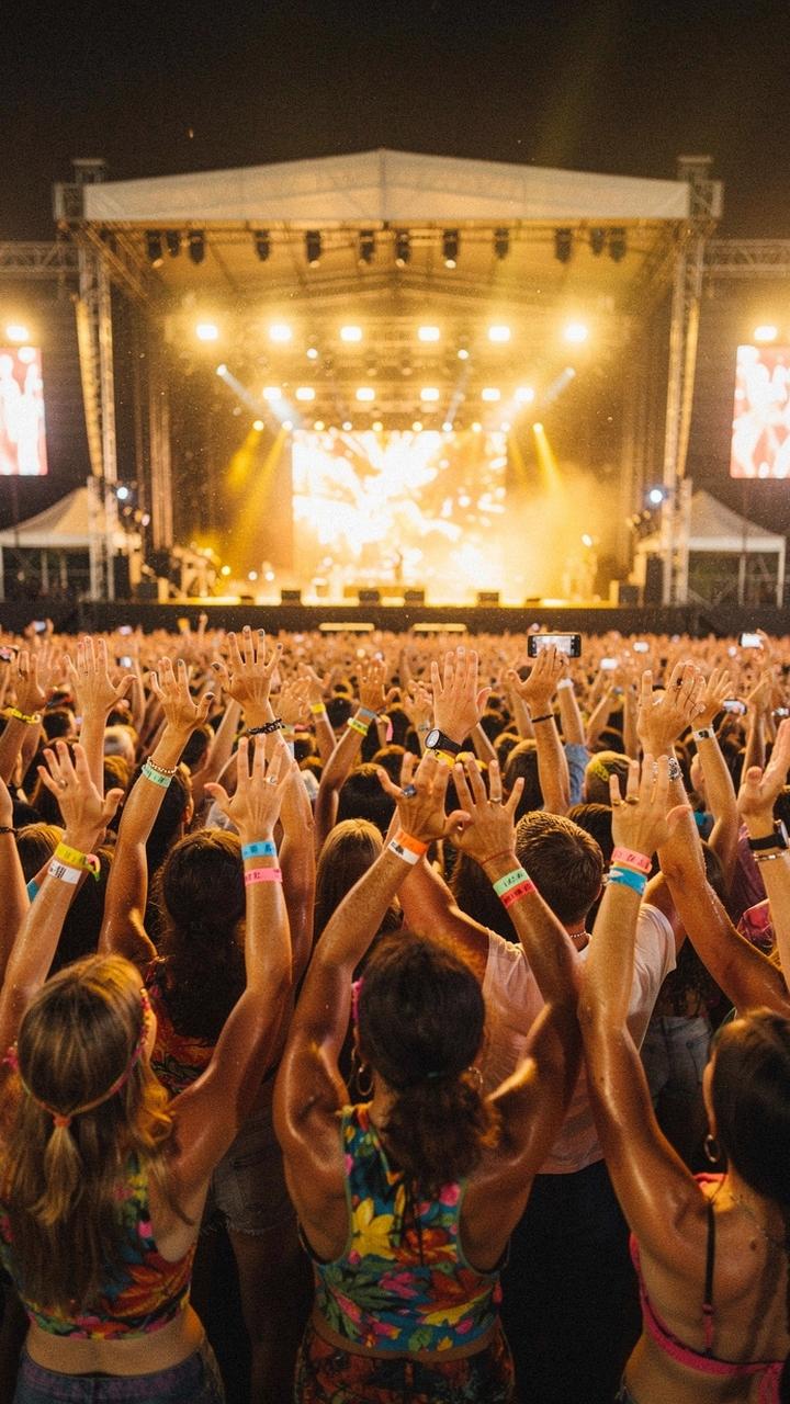Friends in festival clothes cheering in front of a lit main stage on a summer night