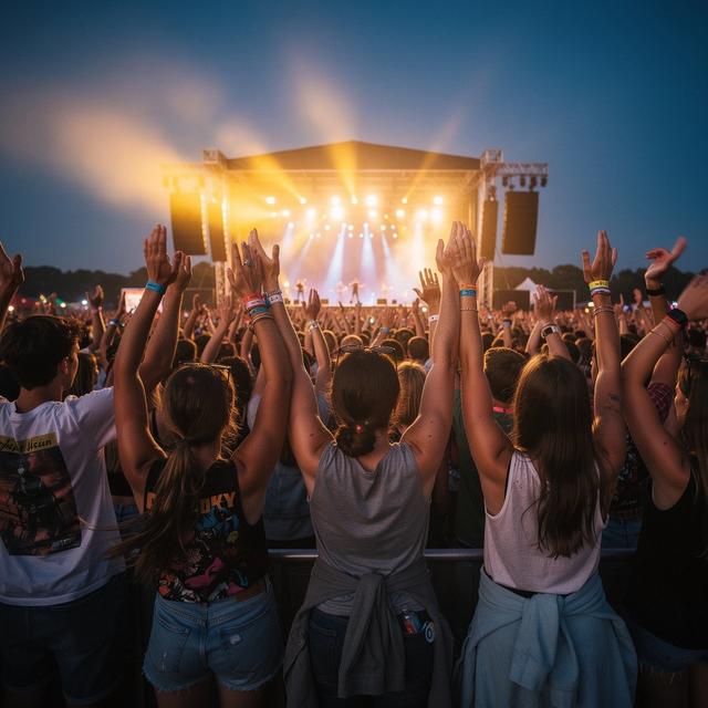 Festival crowd at dusk with raised arms in front of stage lights