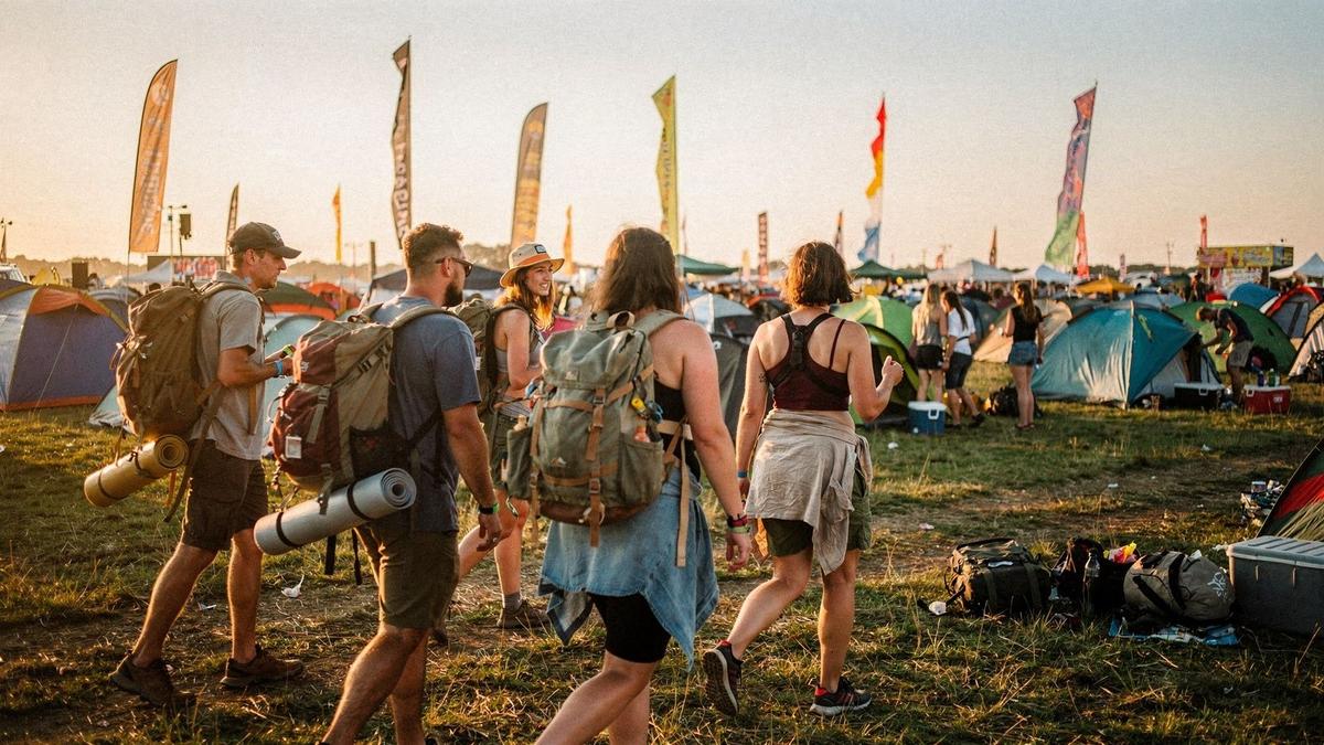 Young travellers with backpacks arriving at a summer festival campsite
