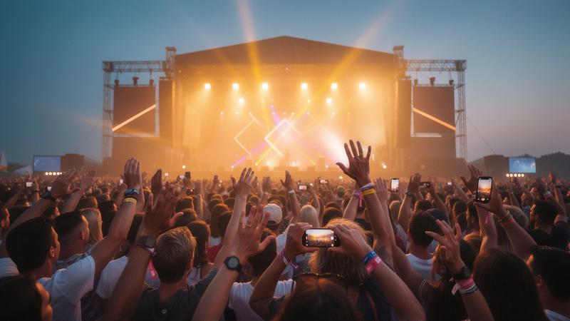 Crowd with raised hands in front of a festival main stage at dusk